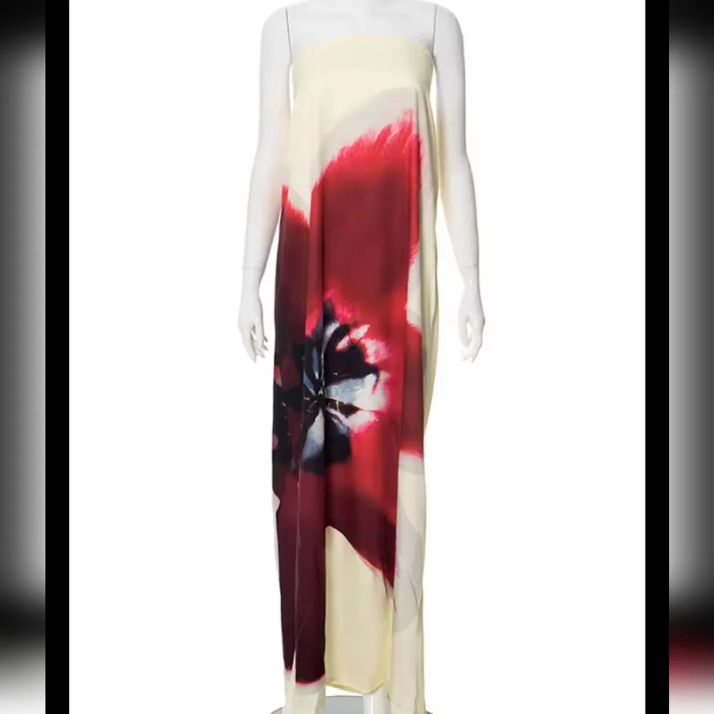 Sexy Strapless Print Floral Belt Women Maxi Dress Yellow Backless Vacation - Picture 8 of 9